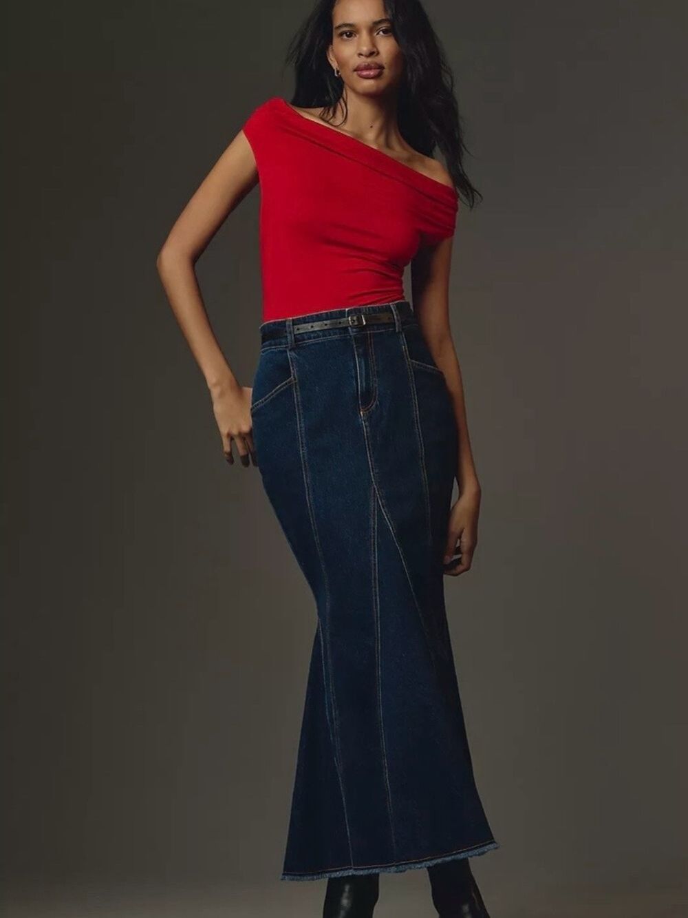 Pilcro Anthropologie Fluted Denim Maxi Skirt Dark Wash Raw Hem | Size 2P